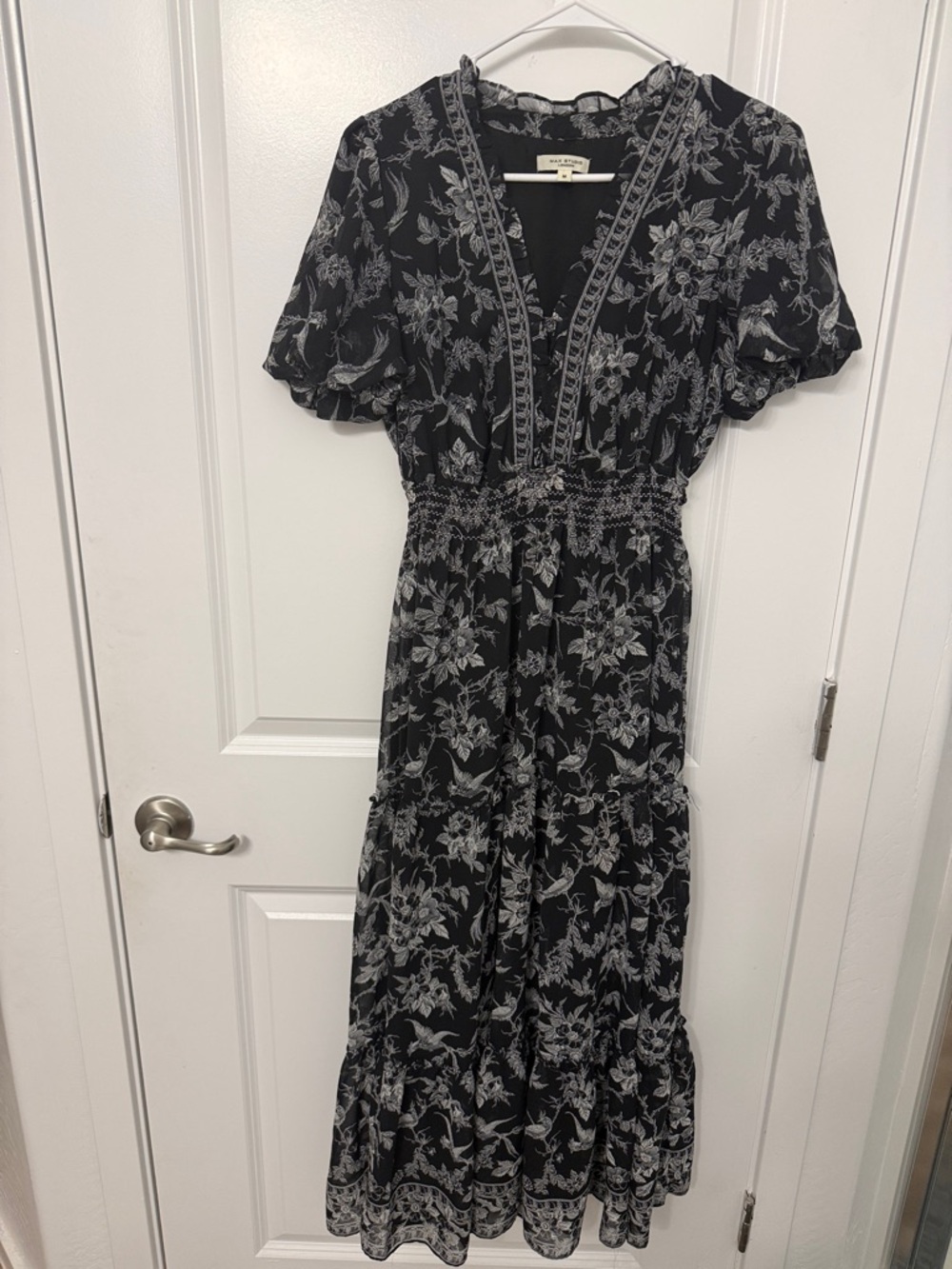 Max Studio Black Floral V-Neck Smocked Maxi Dress